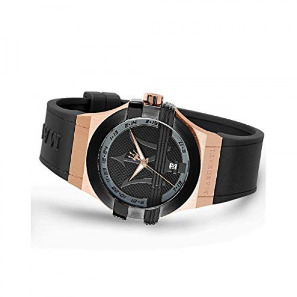 마세라티 남성용 시계, Potenza 컬렉션, 쿼츠 무브먼트, 시간 및 날짜 표시 기능, 스테인리스 스틸, 로즈 골드 PVD, 블랙 PVD 및 폴리우레탄 소재 - R8851108002