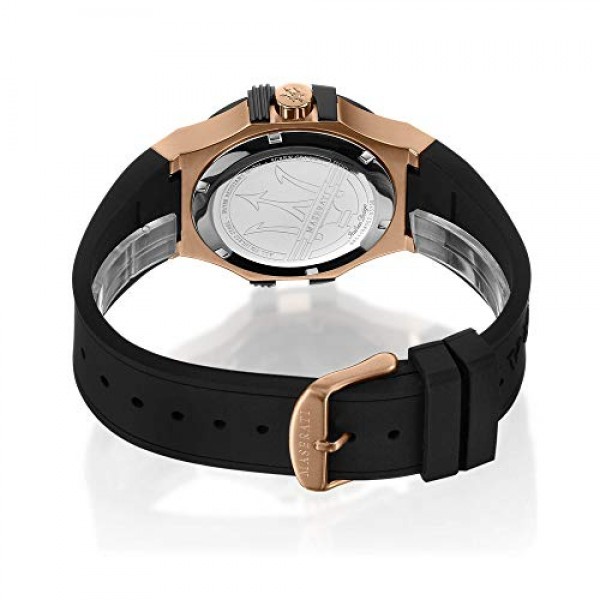 마세라티 남성용 시계, Potenza 컬렉션, 쿼츠 무브먼트, 시간 및 날짜 표시 기능, 스테인리스 스틸, 로즈 골드 PVD, 블랙 PVD 및 폴리우레탄 소재 - R8851108002