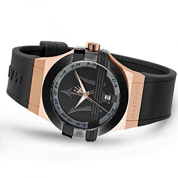 마세라티 남성용 시계, Potenza 컬렉션, 쿼츠 무브먼트, 시간 및 날짜 표시 기능, 스테인리스 스틸, 로즈 골드 PVD, 블랙 PVD 및 폴리우레탄 소재 - R8851108002