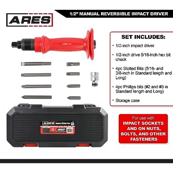 ARES 18021-1/2인치 수동 양면 임팩트 드라이버 - 표준 및 긴 슬롯형 5/16 및 3/8 및 Phillips #2 및 #3 비트 - 브레이크 캘리퍼 나사 및 녹슬거나 얼어붙은 패스너 분리