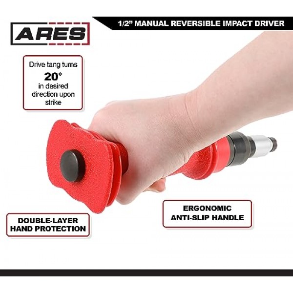 ARES 18021-1/2인치 수동 양면 임팩트 드라이버 - 표준 및 긴 슬롯형 5/16 및 3/8 및 Phillips #2 및 #3 비트 - 브레이크 캘리퍼 나사 및 녹슬거나 얼어붙은 패스너 분리