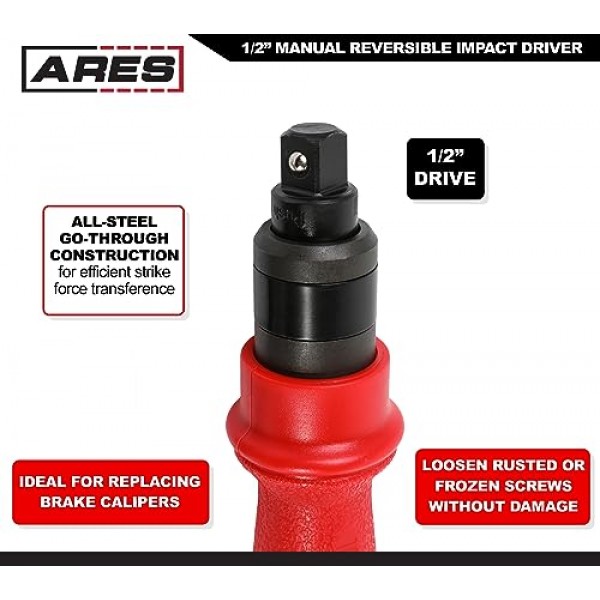 ARES 18021-1/2인치 수동 양면 임팩트 드라이버 - 표준 및 긴 슬롯형 5/16 및 3/8 및 Phillips #2 및 #3 비트 - 브레이크 캘리퍼 나사 및 녹슬거나 얼어붙은 패스너 분리