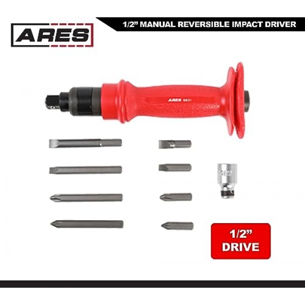 ARES 18021-1/2인치 수동 양면 임팩트 드라이버 - 표준 및 긴 슬롯형 5/16 및 3/8 및 Phillips #2 및 #3 비트 - 브레이크 캘리퍼 나사 및 녹슬거나 얼어붙은 패스너 분리