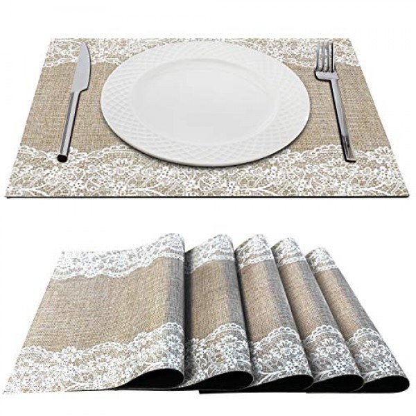 Anna Stay 플레이스매트 6개 세트 - 뜨거운 접시용 모듈형 플레이스 매트 및 삼발이, 확장 가능한 핫 패드, 조리대용 소형 내열 매트, 황마 및 레이스 삼베 세척 가능한 정