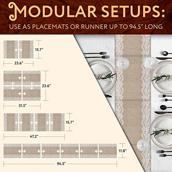Anna Stay 플레이스매트 6개 세트 - 뜨거운 접시용 모듈형 플레이스 매트 및 삼발이, 확장 가능한 핫 패드, 조리대용 소형 내열 매트, 황마 및 레이스 삼베 세척 가능한 정