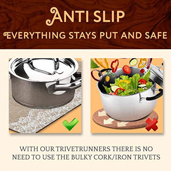 Anna Stay 플레이스매트 6개 세트 - 뜨거운 접시용 모듈형 플레이스 매트 및 삼발이, 확장 가능한 핫 패드, 조리대용 소형 내열 매트, 황마 및 레이스 삼베 세척 가능한 정