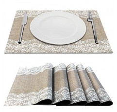 Anna Stay 플레이스매트 6개 세트 - 뜨거운 접시용 모듈형 플레이스 매트 및 삼발이, 확장 가능한 핫 패드, 조리대용 소형 내열 매트, 황마 및 레이스 삼베 세척 가능한 정