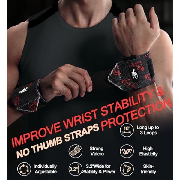 HiRui 손목 랩 18 전문 품질 압축 손목 스트랩 역도 근력 훈련을 위한 운동 손목 받침대 지원, 남성 및 여성용 데드리프트 스트랩(블랙/하트비트(2개 팩))