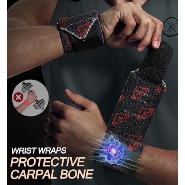 HiRui 손목 랩 18 전문 품질 압축 손목 스트랩 역도 근력 훈련을 위한 운동 손목 받침대 지원, 남성 및 여성용 데드리프트 스트랩(블랙/하트비트(2개 팩))