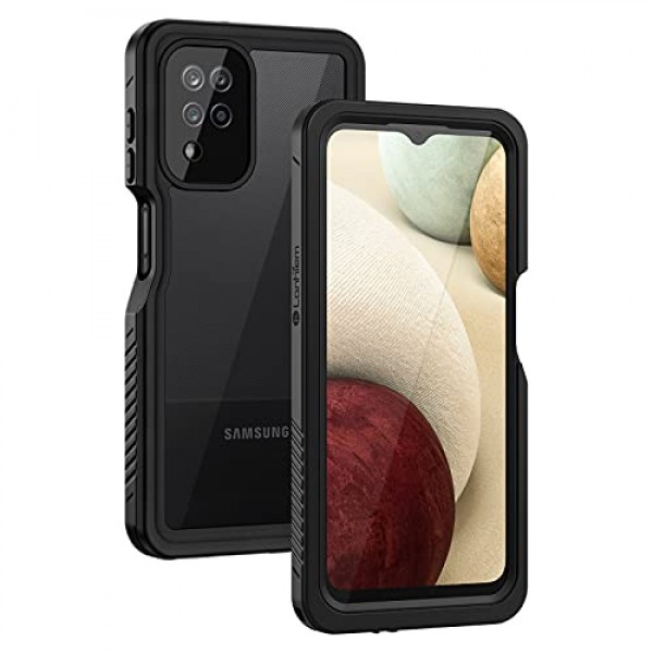 Lanhiem Samsung Galaxy A12 케이스, 화면 보호 장치가 내장된 IP68 방수 방진 케이스, Galaxy A12용 견고한 전신 충격 방지 보호 커버(블랙/클리어)