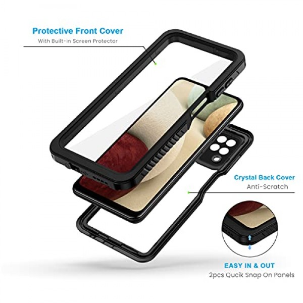 Lanhiem Samsung Galaxy A12 케이스, 화면 보호 장치가 내장된 IP68 방수 방진 케이스, Galaxy A12용 견고한 전신 충격 방지 보호 커버(블랙/클리어)