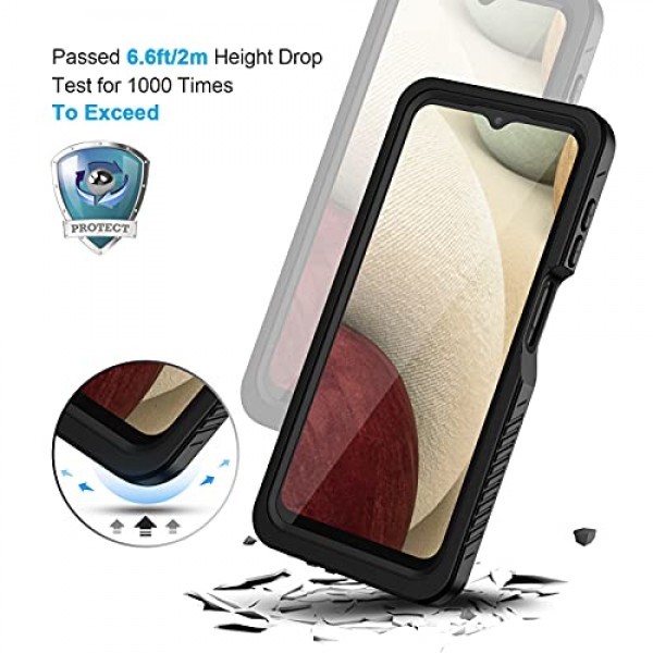 Lanhiem Samsung Galaxy A12 케이스, 화면 보호 장치가 내장된 IP68 방수 방진 케이스, Galaxy A12용 견고한 전신 충격 방지 보호 커버(블랙/클리어)