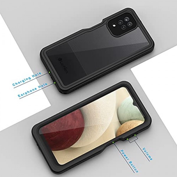 Lanhiem Samsung Galaxy A12 케이스, 화면 보호 장치가 내장된 IP68 방수 방진 케이스, Galaxy A12용 견고한 전신 충격 방지 보호 커버(블랙/클리어)