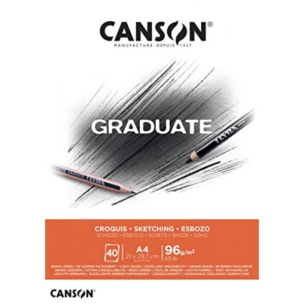 CANSON 대학원 라이트 그레인 96gsm A4 스케치 종이 패드, 짧은 면 접착, 천연 흰색 시트 40매, 전문 예술가 및 학생에게 이상적