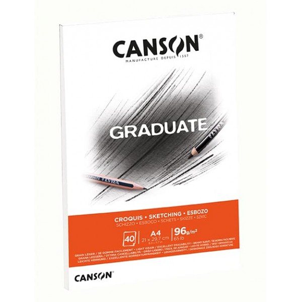 CANSON 대학원 라이트 그레인 96gsm A4 스케치 종이 패드, 짧은 면 접착, 천연 흰색 시트 40매, 전문 예술가 및 학생에게 이상적