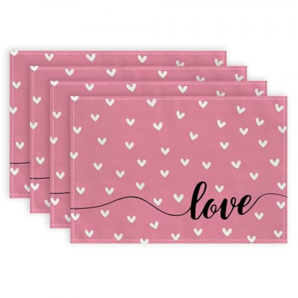 ARKENY 발렌타인 데이 Placemats 12x18 인치 4 개 세트, 하트 러브 핑크 계절 농가 삼베 실내 주방 기념일 결혼식 식탁 장식 홈 파티 AP511-18