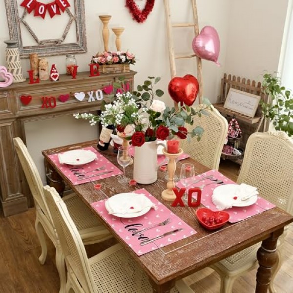 ARKENY 발렌타인 데이 Placemats 12x18 인치 4 개 세트, 하트 러브 핑크 계절 농가 삼베 실내 주방 기념일 결혼식 식탁 장식 홈 파티 AP511-18