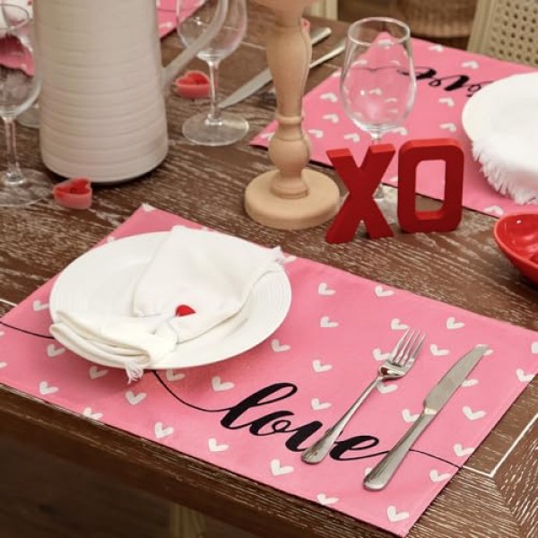 ARKENY 발렌타인 데이 Placemats 12x18 인치 4 개 세트, 하트 러브 핑크 계절 농가 삼베 실내 주방 기념일 결혼식 식탁 장식 홈 파티 AP511-18