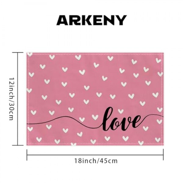 ARKENY 발렌타인 데이 Placemats 12x18 인치 4 개 세트, 하트 러브 핑크 계절 농가 삼베 실내 주방 기념일 결혼식 식탁 장식 홈 파티 AP511-18