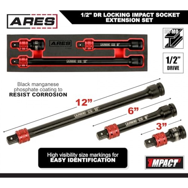 ARES 27098 – 3피스 1/2인치 드라이브 잠금 임팩트 소켓 확장 세트 – 소켓 및 액세서리의 빠른 분리를 위한 알루미늄 잠금 링 칼라 – 3인치, 6인치 및 12인치 확장