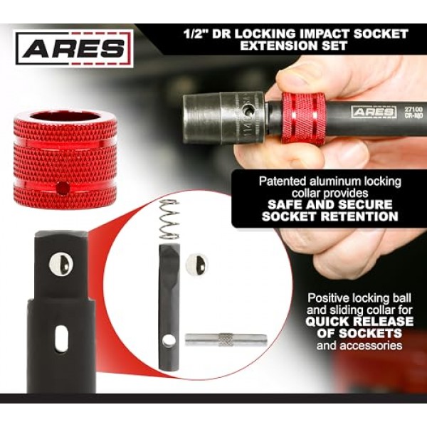 ARES 27098 – 3피스 1/2인치 드라이브 잠금 임팩트 소켓 확장 세트 – 소켓 및 액세서리의 빠른 분리를 위한 알루미늄 잠금 링 칼라 – 3인치, 6인치 및 12인치 확장