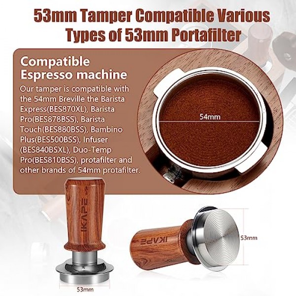 IKAPE 53.3mm 에스프레소 커피 탬퍼, 프리미엄 스테인레스 스틸로 구성된 스프링 장착 보정 탬퍼, 54 Breville 에스프레소 머신과 호환되는 호두나무 손잡이 탬퍼 바텀리스 