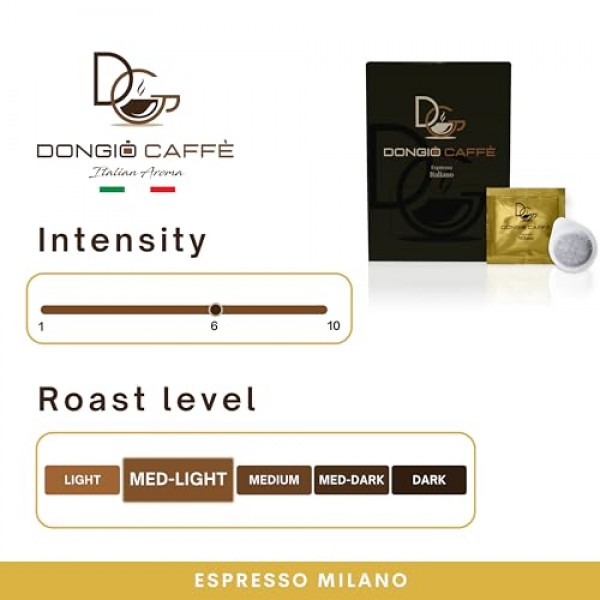 Dongiò Caffè Espresso Milano, ESE 44mm 포드, 이탈리아에서 블렌딩 및 로스팅됨 - 1인분 커피 포드 50개, 중간 라이트 로스트(강도 6/10)