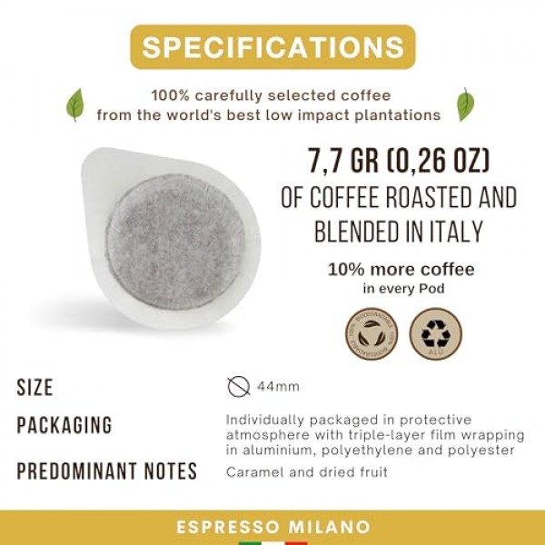 Dongiò Caffè Espresso Milano, ESE 44mm 포드, 이탈리아에서 블렌딩 및 로스팅됨 - 1인분 커피 포드 50개, 중간 라이트 로스트(강도 6/10)