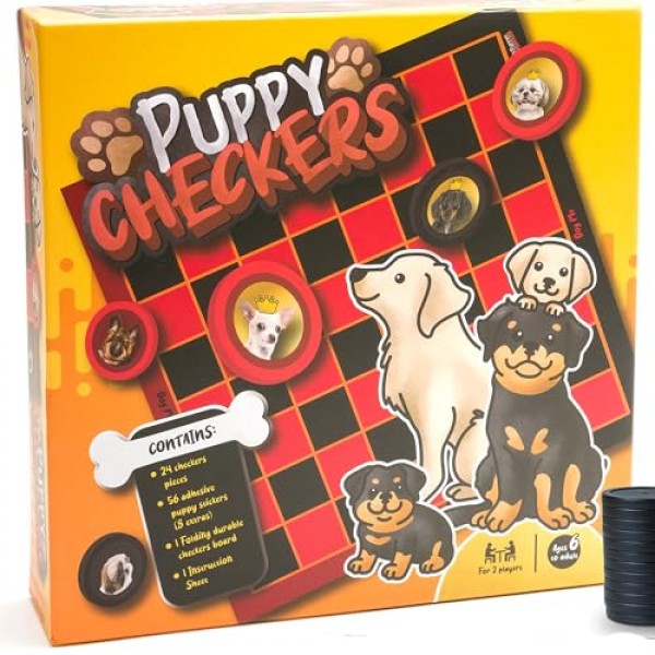 퍼피 체커(Puppy Checkers) - 8~12세 어린이, 성인 및 가족을 위한 재미있는 보드 게임입니다. 56개의 접착식 강아지와 강아지 스티커가 포함된 어린이용 체커 보드 게임! 4~8