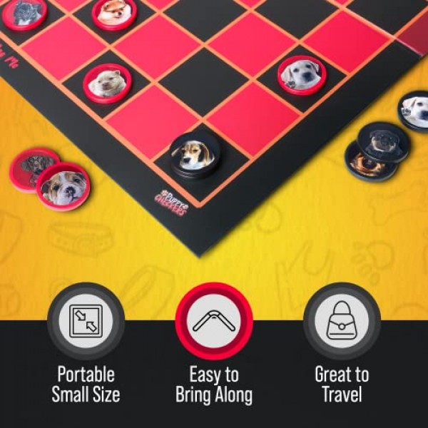퍼피 체커(Puppy Checkers) - 8~12세 어린이, 성인 및 가족을 위한 재미있는 보드 게임입니다. 56개의 접착식 강아지와 강아지 스티커가 포함된 어린이용 체커 보드 게임! 4~8