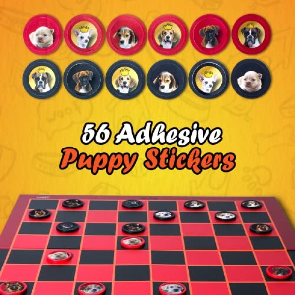 퍼피 체커(Puppy Checkers) - 8~12세 어린이, 성인 및 가족을 위한 재미있는 보드 게임입니다. 56개의 접착식 강아지와 강아지 스티커가 포함된 어린이용 체커 보드 게임! 4~8