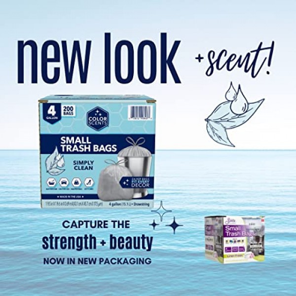 Color Scents 소형 쓰레기 봉투 - 4갤런, 총 200봉지(200개 팩 1팩), 조임끈 - Simply Clean Scent 실버 백