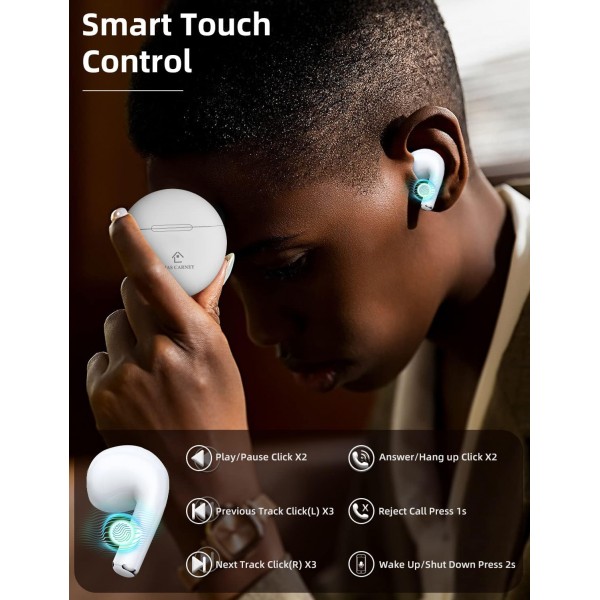 MAS CARNEY M2 True Wireless 이어버드 Bluetooth 5.3 무선 충전 케이스가 있는 헤드폰 터치 컨트롤 헤드폰 인이어 통합 마이크 헤드셋(흰색)