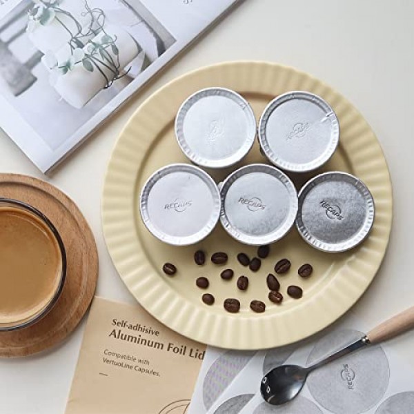 네스프레소 VertuoLine 120개 62mm와 호환되는 커피 포드를 재사용할 수 있는 RECAPS 알루미늄 호일 뚜껑
