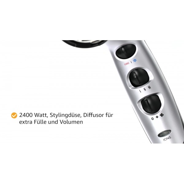 레밍턴 이온 헤어드라이어 Pro-Air Turbo D5220, 2400와트, 세라믹 토르말린 링, 스타일링 노즐, 디퓨저, 블랙