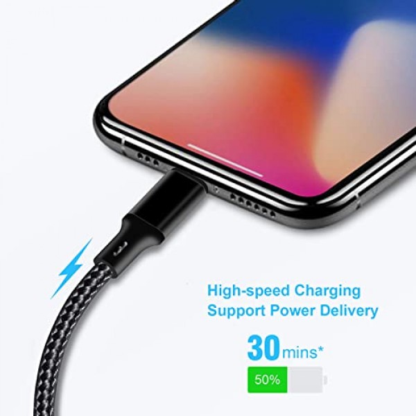 USB C-라이트닝 케이블 5팩 3/3/6/6/10FT iPhone 충전기 Apple MFi 인증 전원 공급 고속 충전 코드 iPhone 14/13/12/11/XS/XR/X/8과 호환 가능 - 블랙