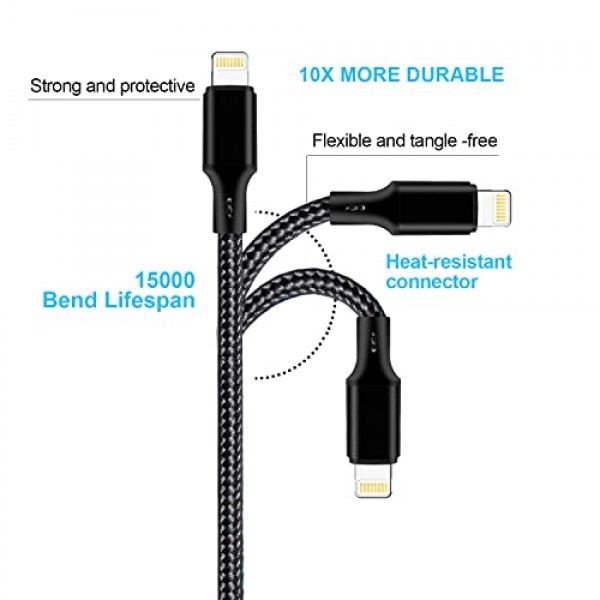 USB C-라이트닝 케이블 5팩 3/3/6/6/10FT iPhone 충전기 Apple MFi 인증 전원 공급 고속 충전 코드 iPhone 14/13/12/11/XS/XR/X/8과 호환 가능 - 블랙