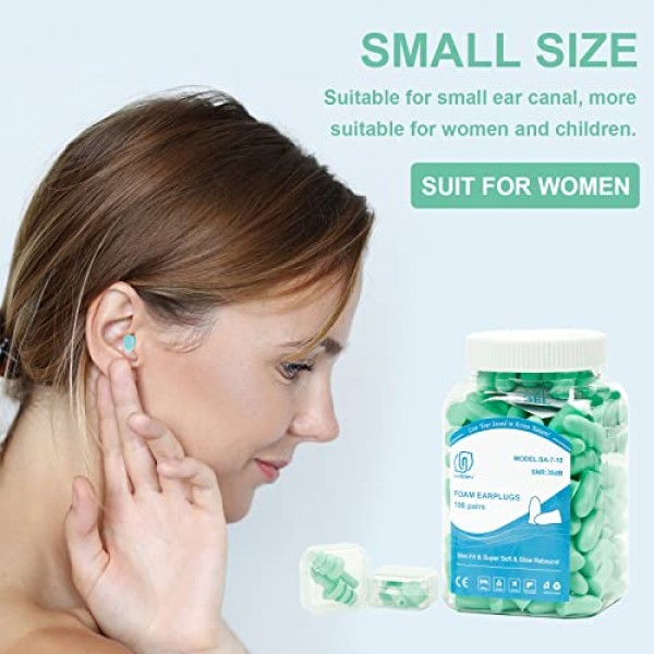 LYSIAN 100 쌍 작은 귀 운하 여성용 슬림 폼 이어 플러그, 35dB SNR 소음 차단 수면, 코골이, 작업, 촬영, 공부, 시끄러운 소음을위한 소음 차단 감소 귀마개