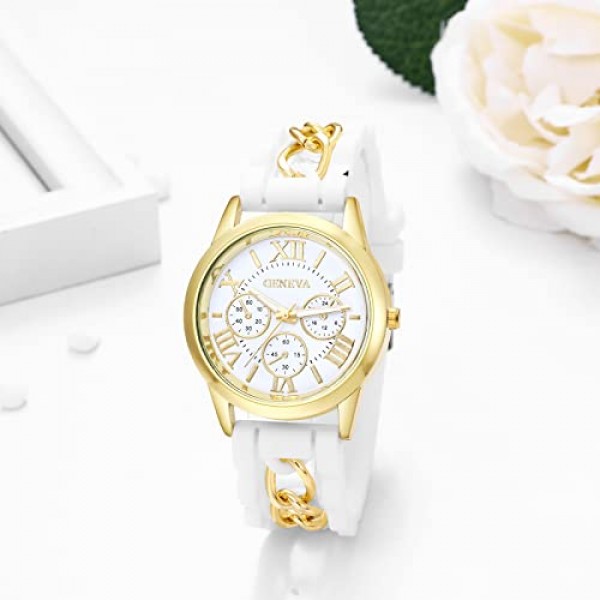 JewelryWe 시계 여성용 아날로그 석영 손목 시계 로마 숫자 캐쥬얼 시계 커브 체인 실리콘 스트랩 화이트 / 핑크 / 퍼플