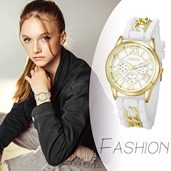 JewelryWe 시계 여성용 아날로그 석영 손목 시계 로마 숫자 캐쥬얼 시계 커브 체인 실리콘 스트랩 화이트 / 핑크 / 퍼플