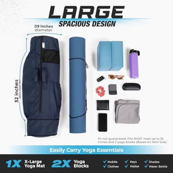 MAGNILAY 매트 및 블록용 대형 확장형 요가 가방 - 여성 및 남성을 위한 요가 매트 가방 - 포켓과 조절 가능한 스트랩(32L x 9 직경)으로 운동에 필요한 모든 물건에 적합한 