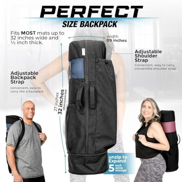 MAGNILAY 매트 및 블록용 대형 확장형 요가 가방 - 여성 및 남성을 위한 요가 매트 가방 - 포켓과 조절 가능한 스트랩(32L x 9 직경)으로 운동에 필요한 모든 물건에 적합한 
