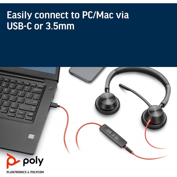 Plantronics - Blackwire 3325 USB-C(폴리) - 붐 마이크가 있는 유선 양방향 헤드셋(스테레오) - USB-C를 통해 PC/Mac에 연결하거나 3.5mm 커넥터를 통해 스마트폰/태블릿에 연결 - 팀 