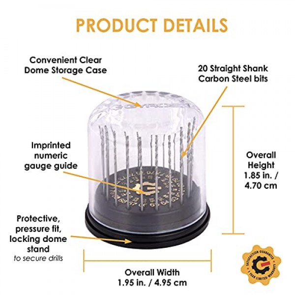 GYROS 20개 미니 트위스트 드릴 비트 세트 #61 ~ #80 돔 보관 케이스 포함, 탄소강 와이어 게이지 보석, 플라스틱 및 연질 금속용 마이크로 드릴 비트 | 핀 바이스 및 회전 