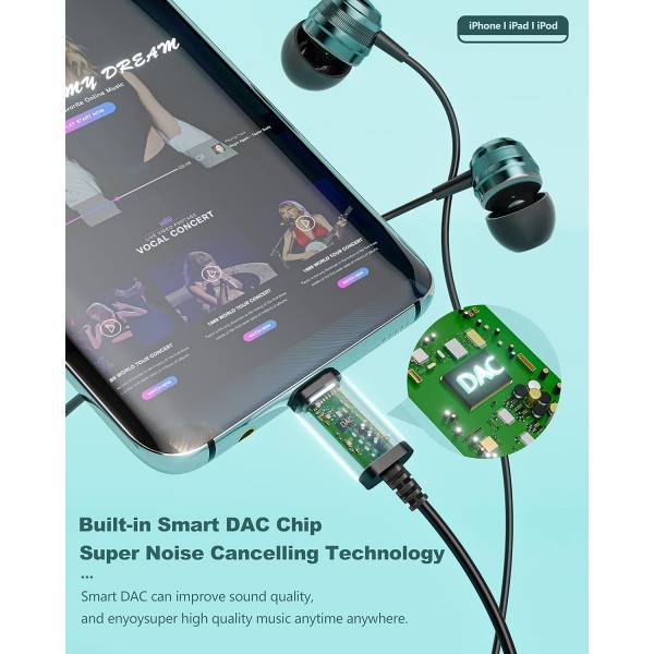 마이크가 있는 USB C 헤드폰, 삼성 S23 S22 Ultra S21 S20 FE A53 A54 A33 A34 OnePlus 11 10 Pro Nord 2T Mi 13 Pro Google Pixel 6a 7 Pro Green용 케이블 USB C 이어폰으로 소음 제거가 가능한 인이어