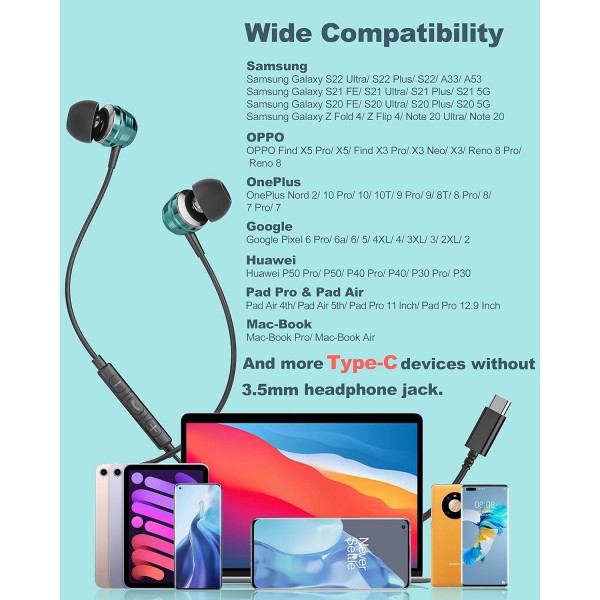 마이크가 있는 USB C 헤드폰, 삼성 S23 S22 Ultra S21 S20 FE A53 A54 A33 A34 OnePlus 11 10 Pro Nord 2T Mi 13 Pro Google Pixel 6a 7 Pro Green용 케이블 USB C 이어폰으로 소음 제거가 가능한 인이어