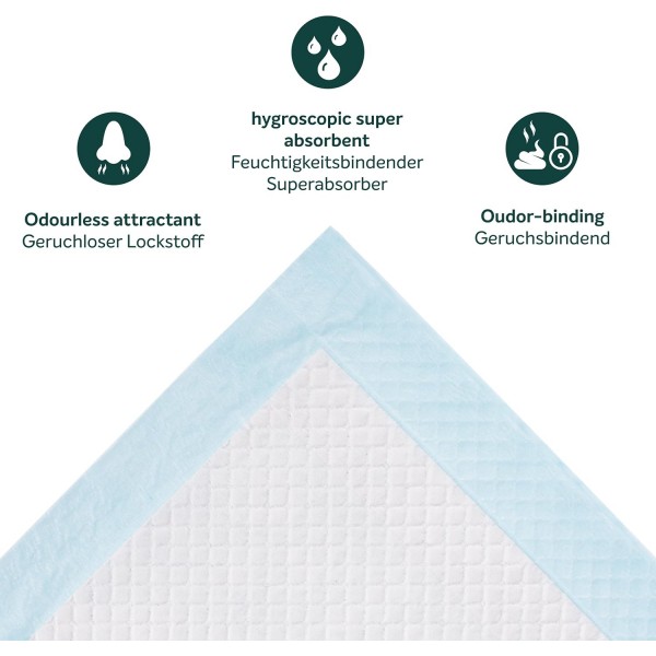 EVERANIMALS 100 강아지 패드 60x60 cm - 손쉬운 강아지 훈련을 위한 무취 유인 물질, 집을 보호하기 위한 추가 흡수성 강아지 패드 100개