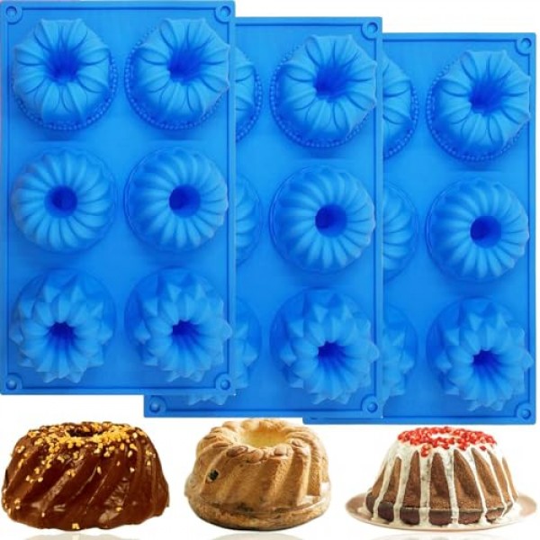 3PCS 미니 Bundt 케이크 팬 Bundtlette 케이크 베이킹 용 실리콘 몰드, 플루트 튜브 케이크 (Bundt) 용 비 스틱 멋진 금형