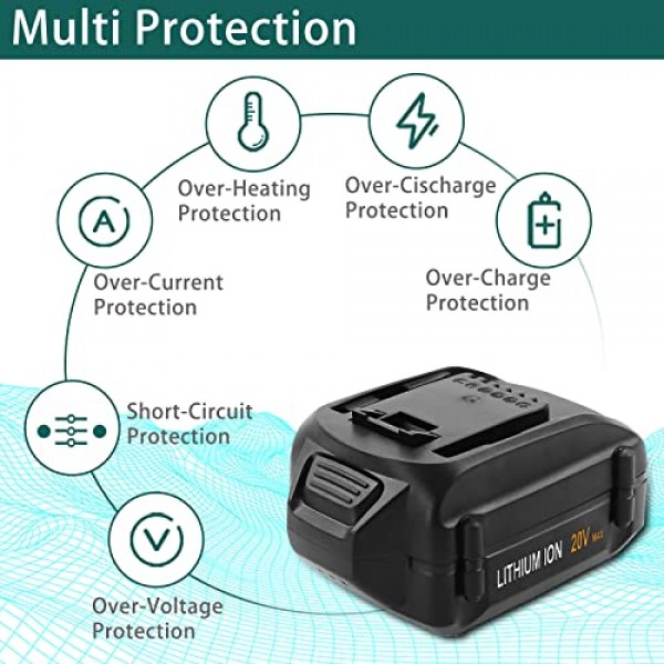 Dosctt 2 팩 20 볼트 6.0Ah WA3578 Worx 20V 리튬 배터리와 호환되는 교체용 배터리 WA3525 WA3520 WA3575 WG151s WG155s WG251s WG540s WG890 WG891 WG255s WG545s