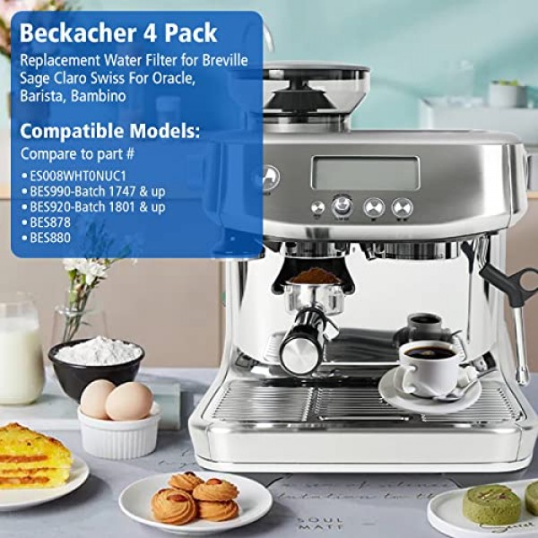 Breville 정수 필터 4팩, Breville BES880 Barista Touch, BES990 BES980 Oracle Touch 및 BES878 BES920 Bambino ClaroSwiss Sage 에스프레소 커피 머신과 호환 가능